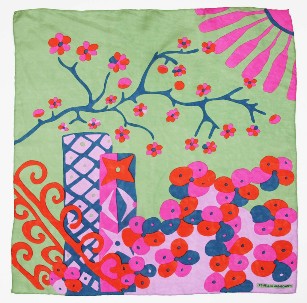 Mini Sakura Silk Scarf by Les Belles Vagabondes | Green | Hand-Drawn in France