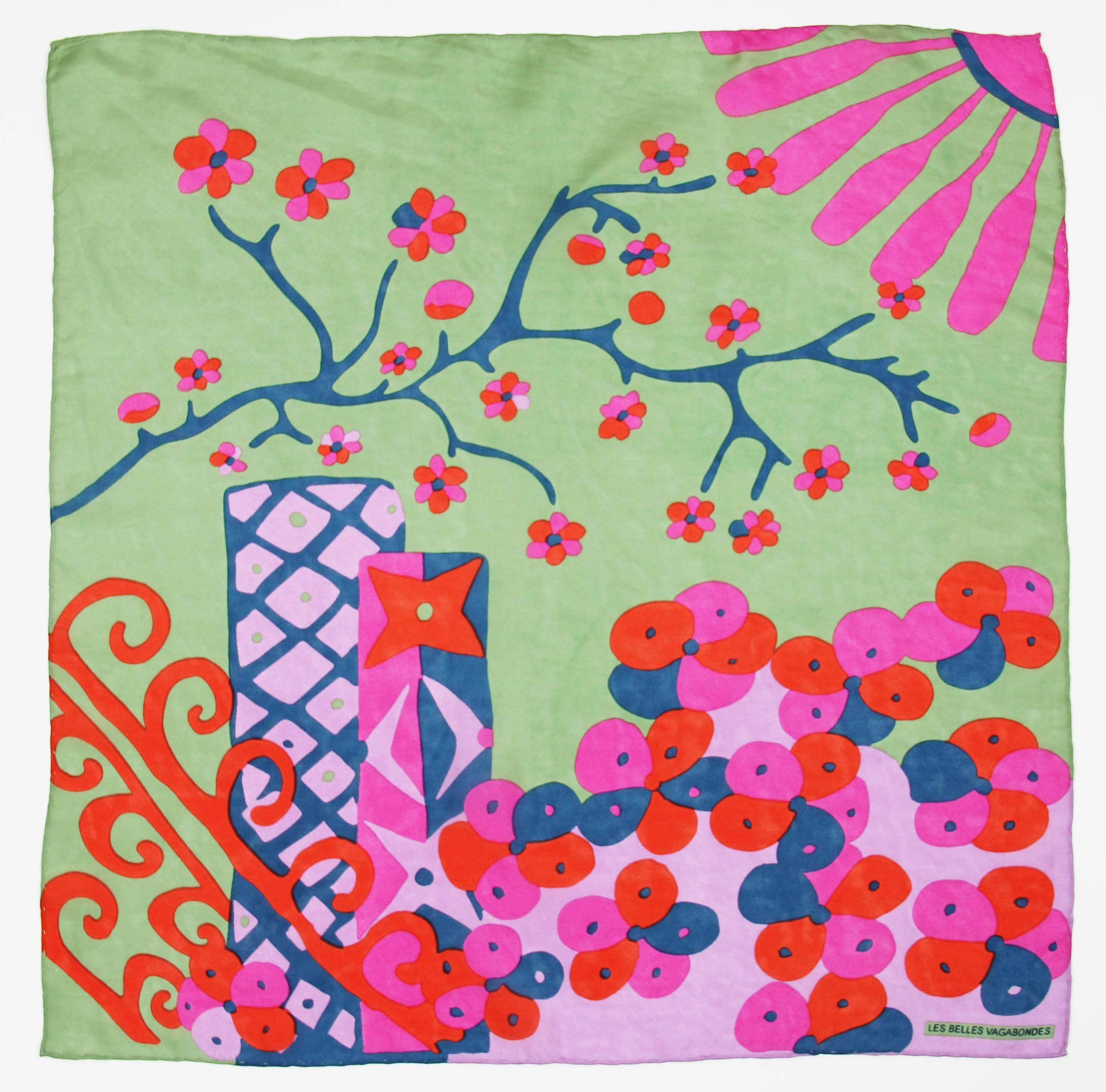 Mini Sakura Silk Scarf by Les Belles Vagabondes | Green | Hand-Drawn in France