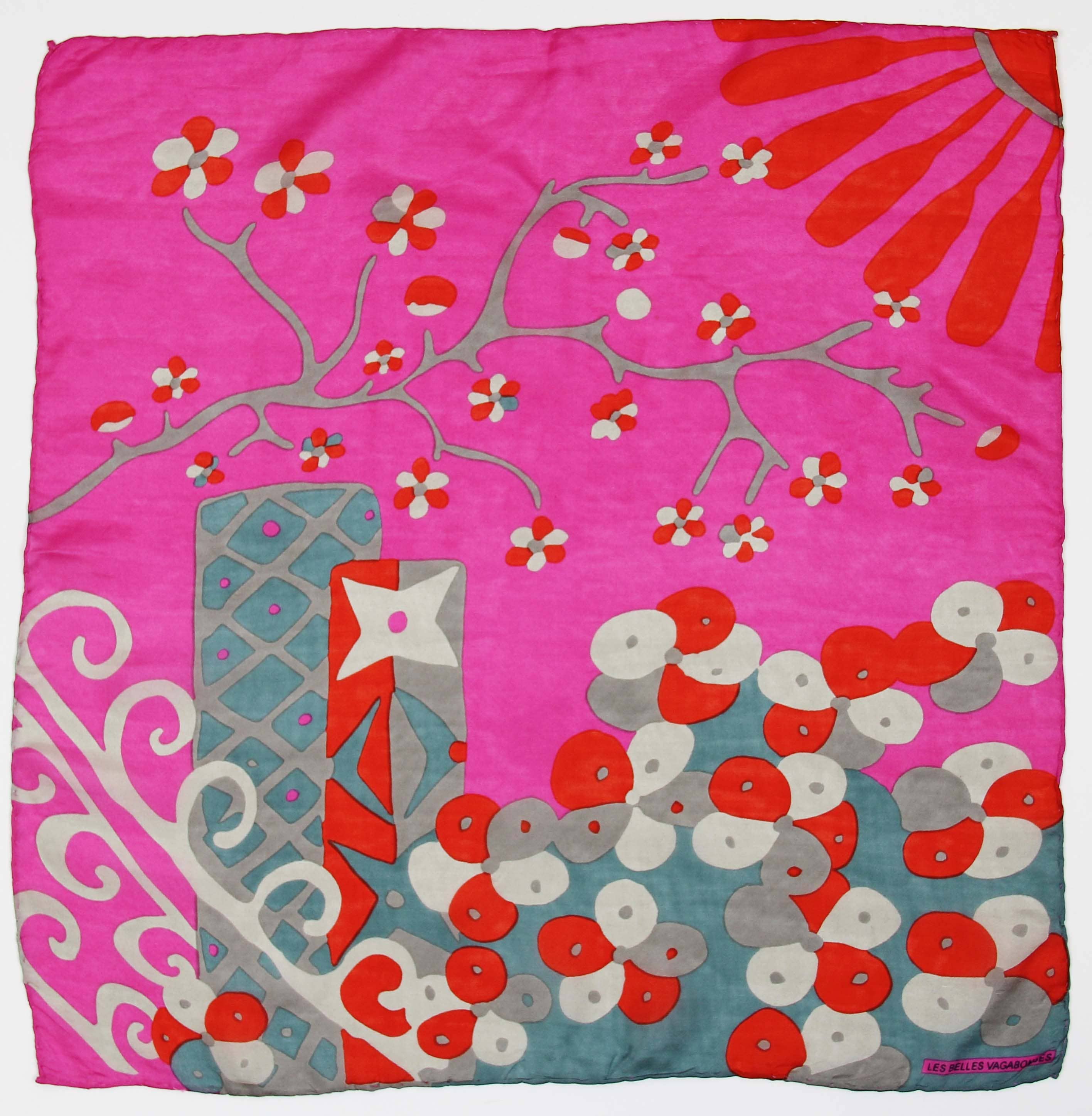Mini Sakura Silk Scarf by Les Belles Vagabondes | Fuchsia | Hand-Drawn in France
