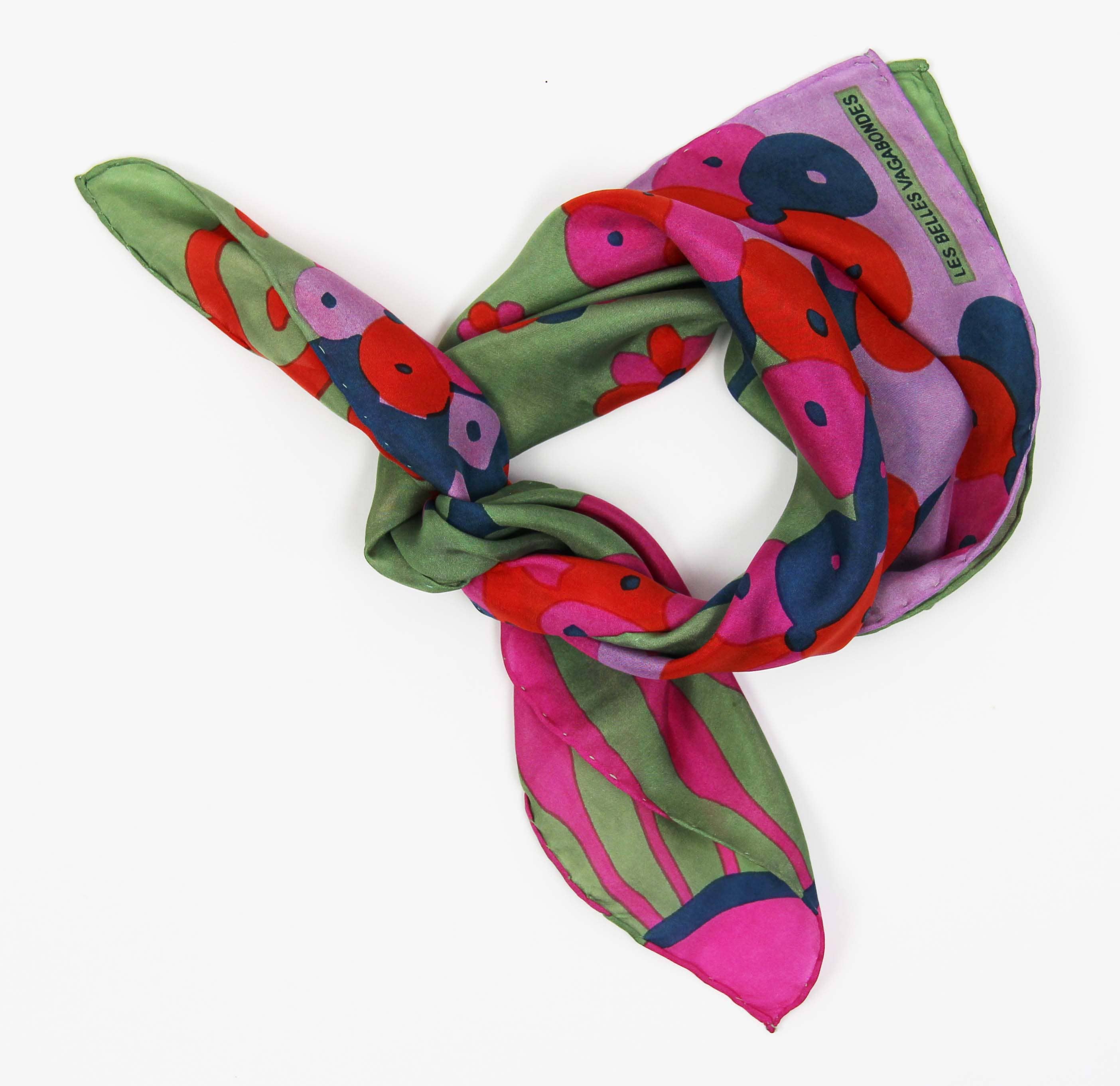 Mini Sakura Silk Scarf by Les Belles Vagabondes | Green | Hand-Drawn in France