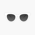 White cat-eye sunglasses with dark lenses on a white background