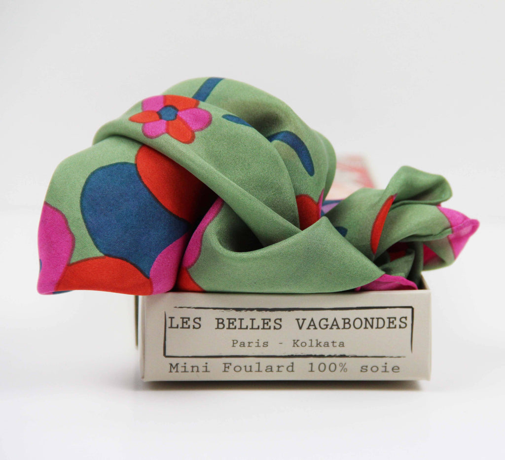 Mini Sakura Silk Scarf by Les Belles Vagabondes | Green | Hand-Drawn in France