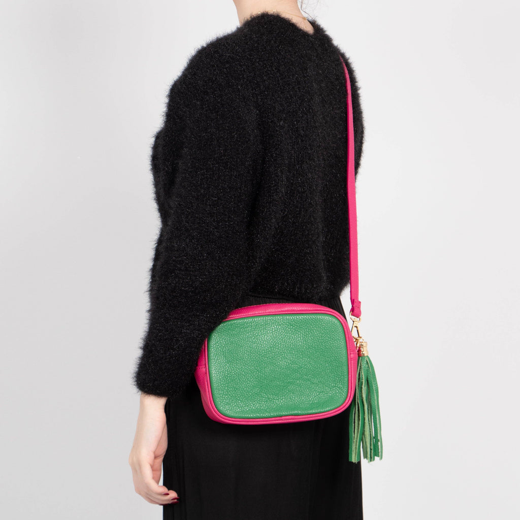 Beau Italian Leather Crossbody Bag by Sarta - Bright Green/Fuchsia