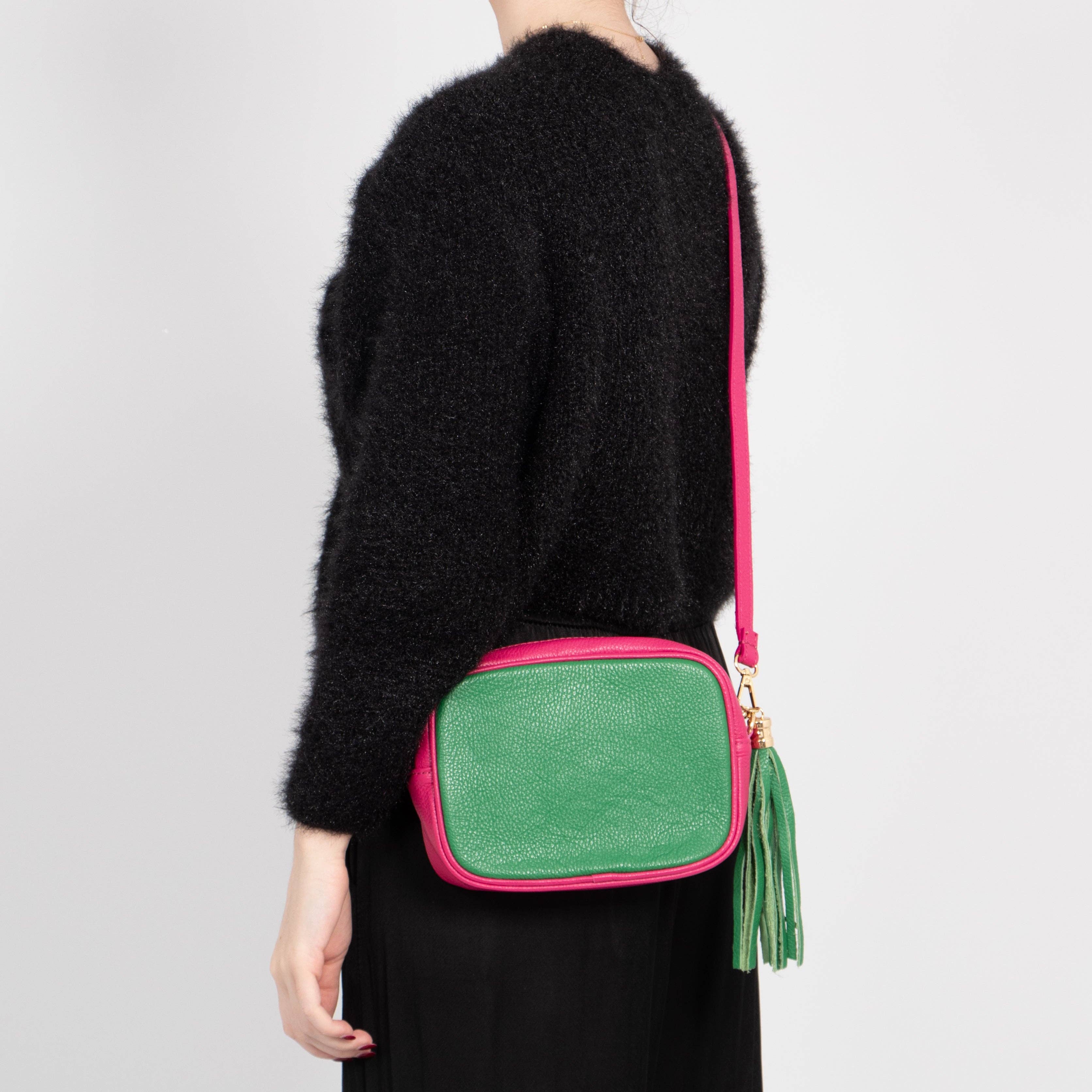 Beau Italian Leather Crossbody Bag by Sarta - Bright Green/Fuchsia