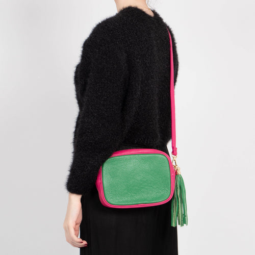 Beau - Italian Leather Crossbody Bag - Bright Green/Fuchsia by Sarta