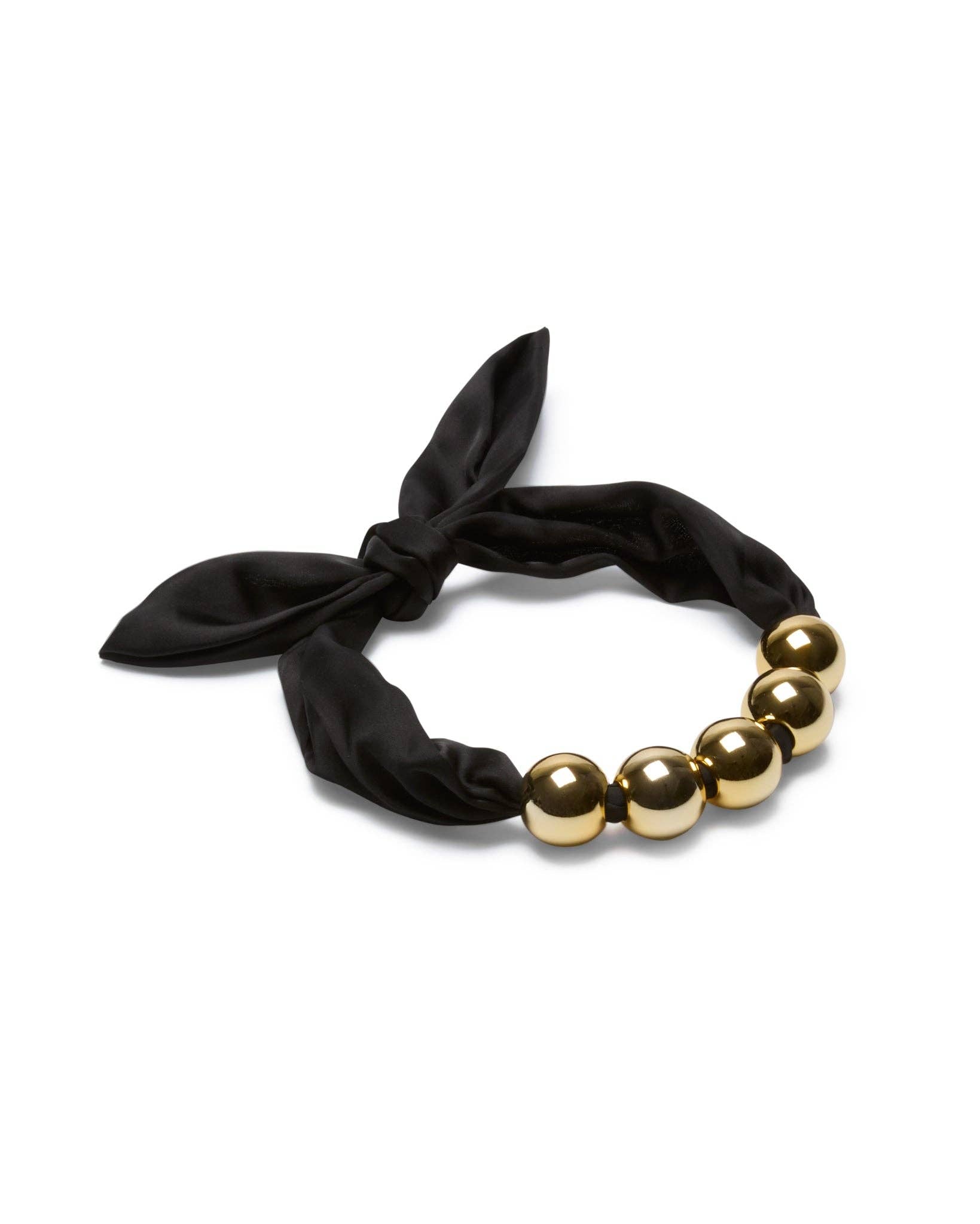 Black scarf necklace with gold beads on a white background
