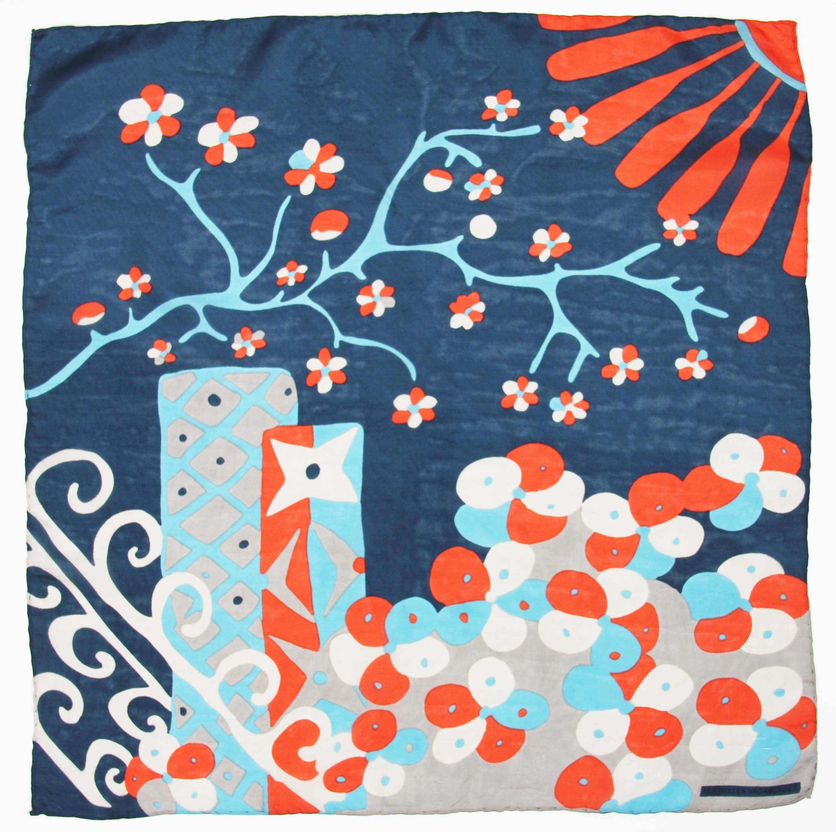 Mini Sakura Silk Scarf by Les Belles Vagabondes | Marine | Hand-Drawn in France