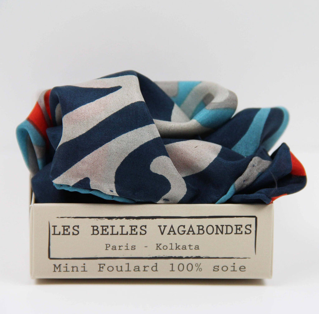 Mini Sakura Silk Scarf by Les Belles Vagabondes | Marine | Hand-Drawn in France