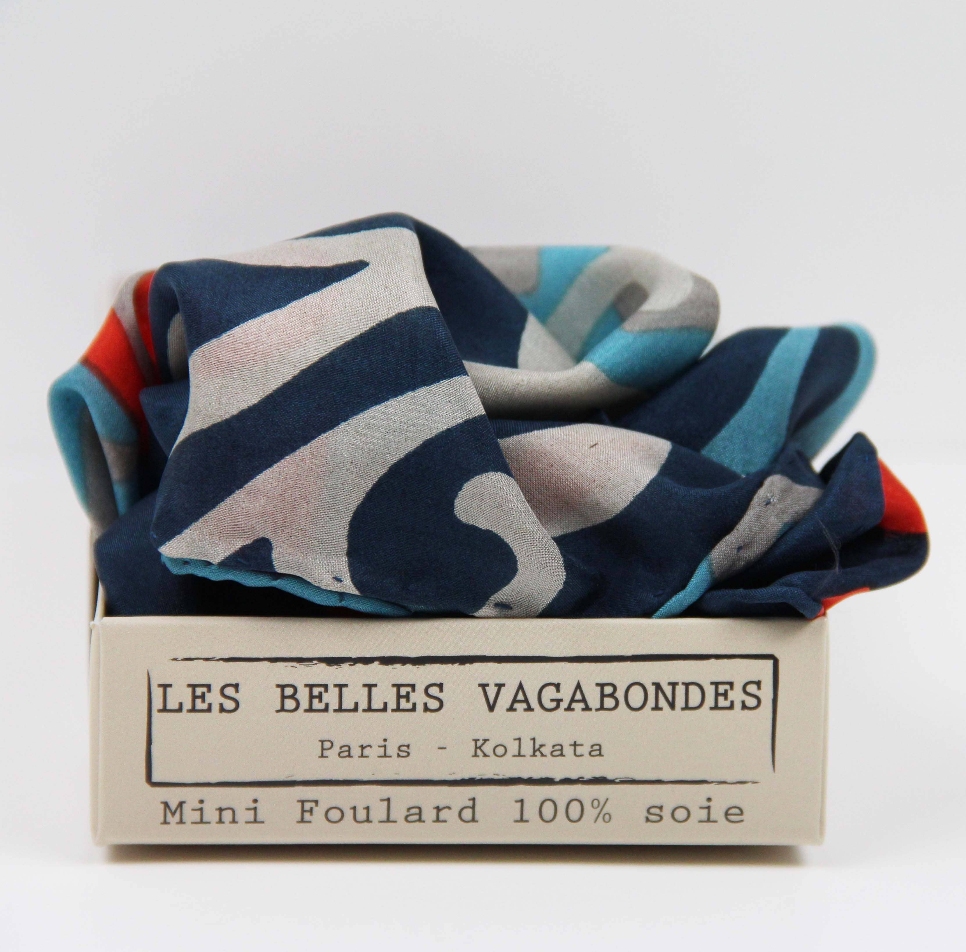 Mini Sakura Silk Scarf by Les Belles Vagabondes | Marine | Hand-Drawn in France