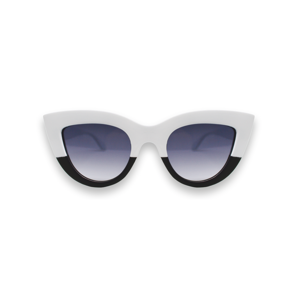 Sunglasses with white frame and black accents on a white background