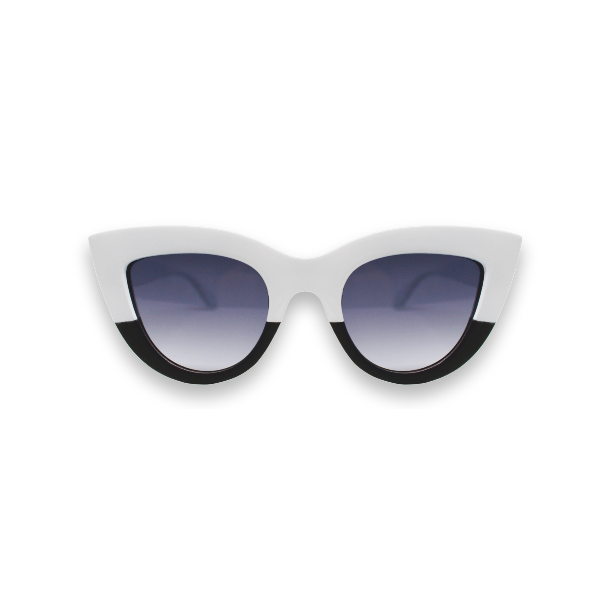 Sunglasses with white frame and black accents on a white background