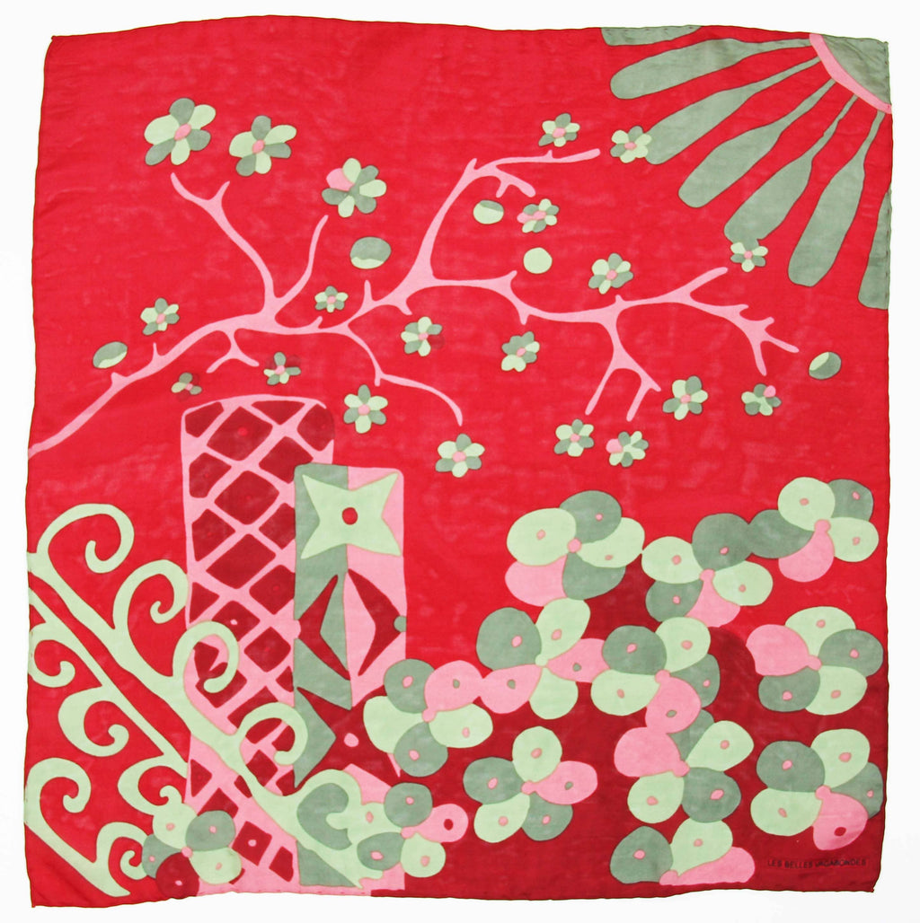 Mini Sakura Silk Scarf by Les Belles Vagabondes | Red | Hand-Drawn in France