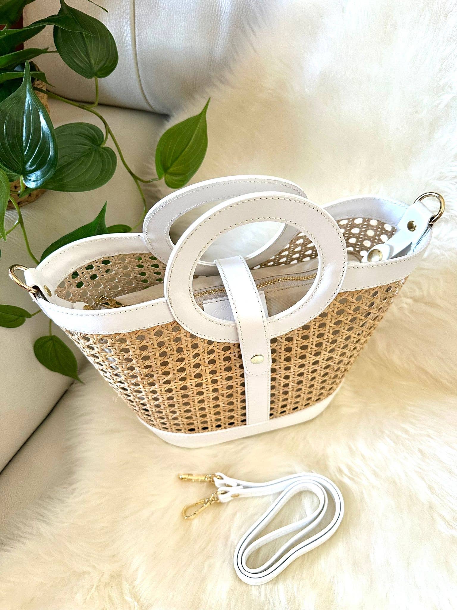 Vienna Straw & Calf Leather Tote Bag | Handmade in Florence, Italy | White