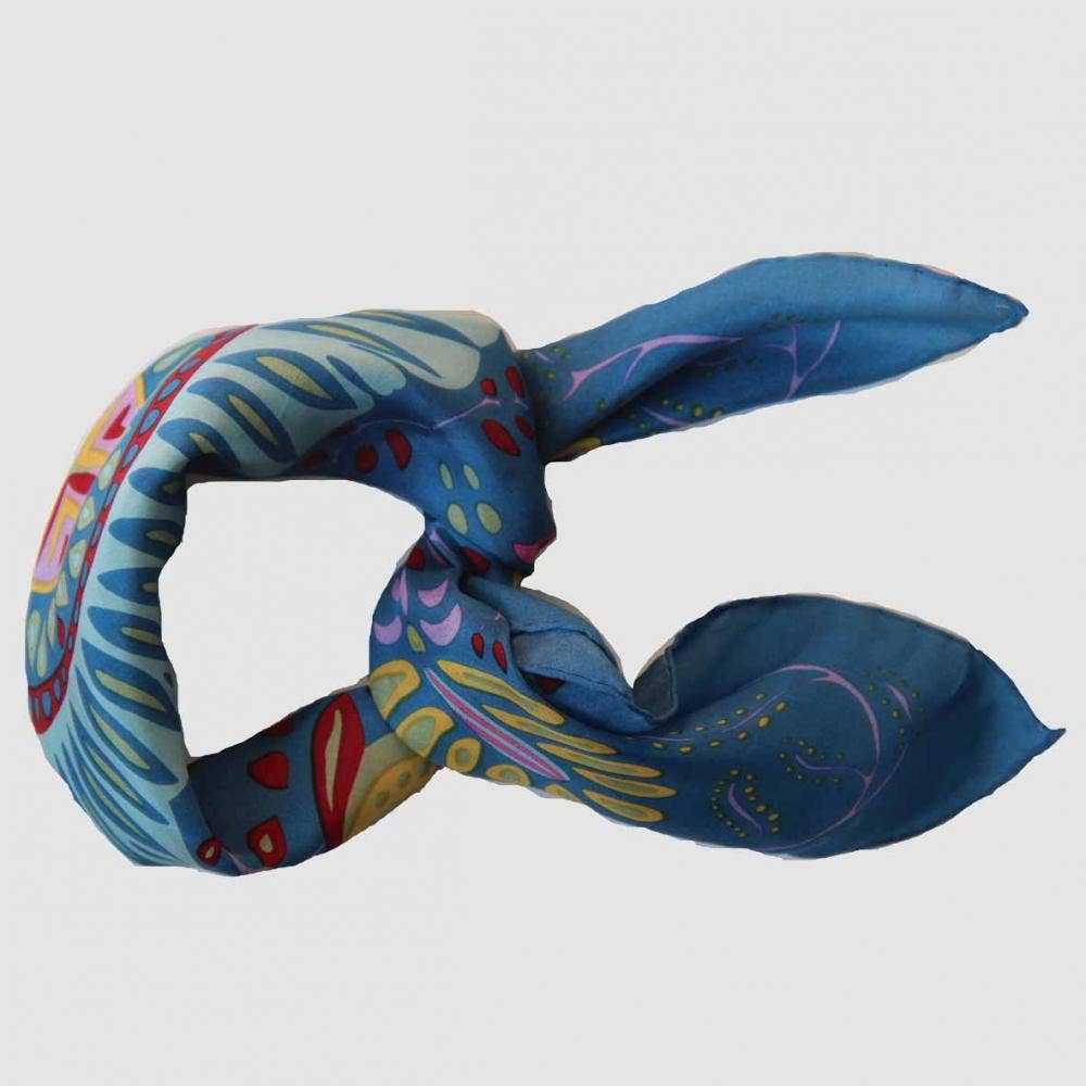 Mini Marushka Silk Scarf by Les Belles Vagabondes | Blue | Hand-Drawn in France