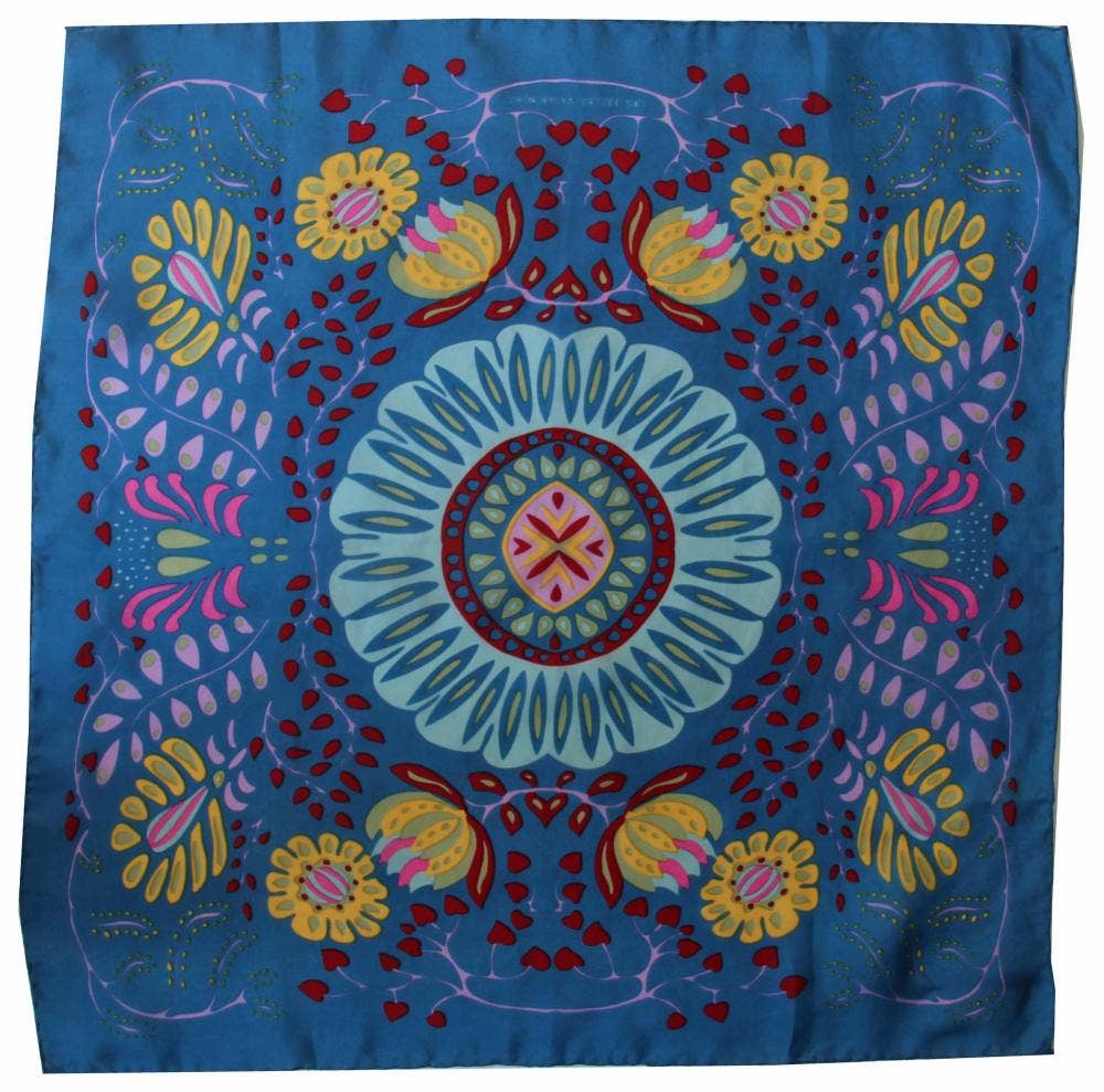 Mini Marushka Silk Scarf by Les Belles Vagabondes | Blue | Hand-Drawn in France