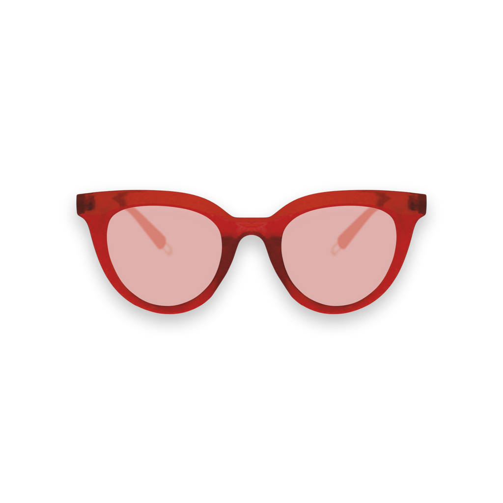 Red sunglasses with pink lenses on a white background