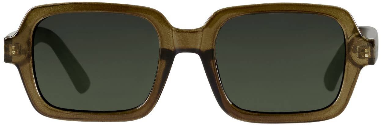 Khaki green sunglasses with a brown frame and dark lenses on a white background