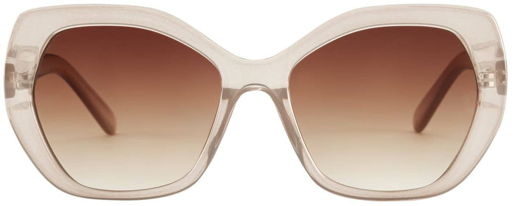 Beige sunglasses with brown gradient lenses on a white background