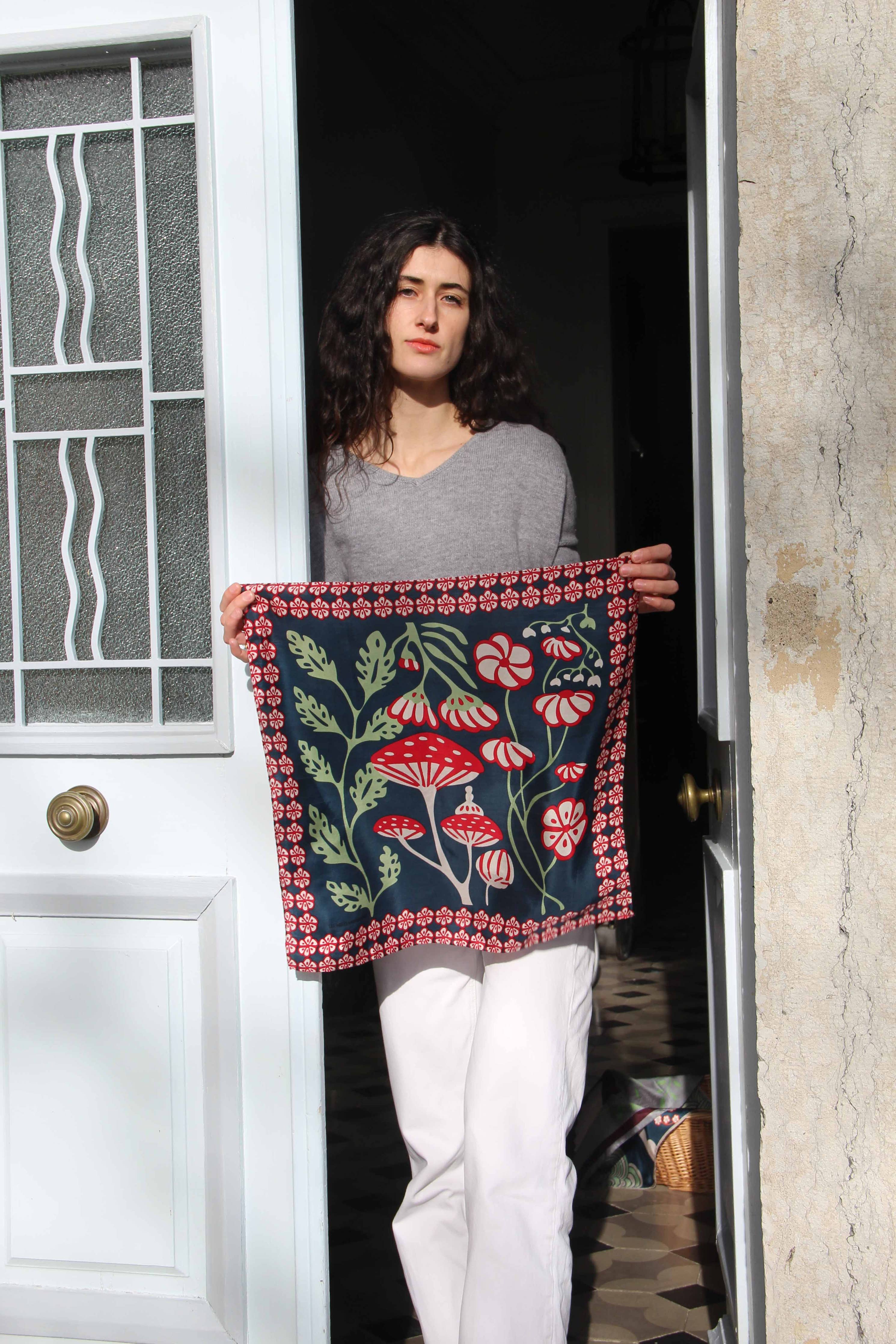Mini Alice Silk Scarf by Les Belles Vagabondes | Marine Navy | Hand-Drawn in France