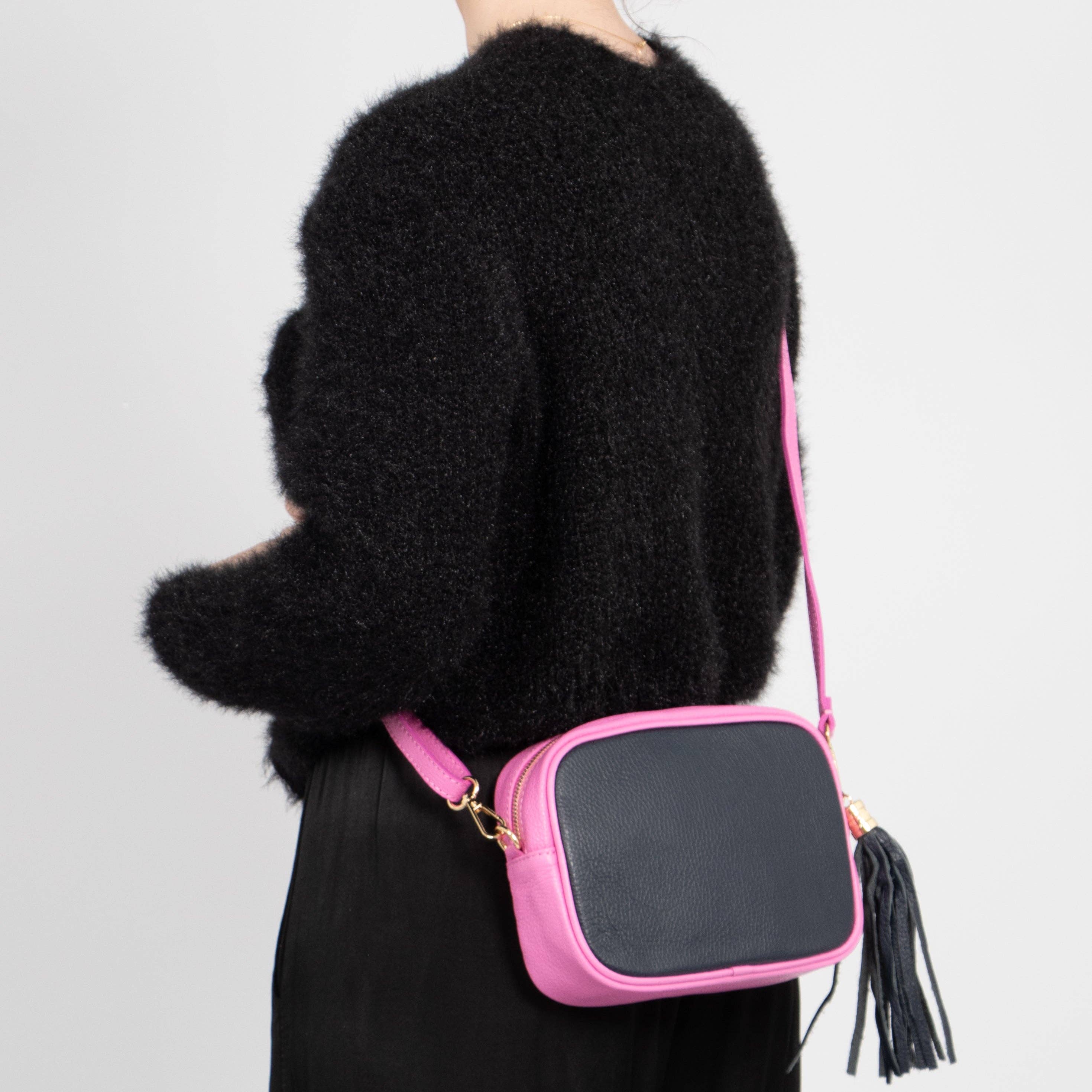 Beau Italian Leather Crossbody Bag by Sarta - Navy Blue/Hot Pink