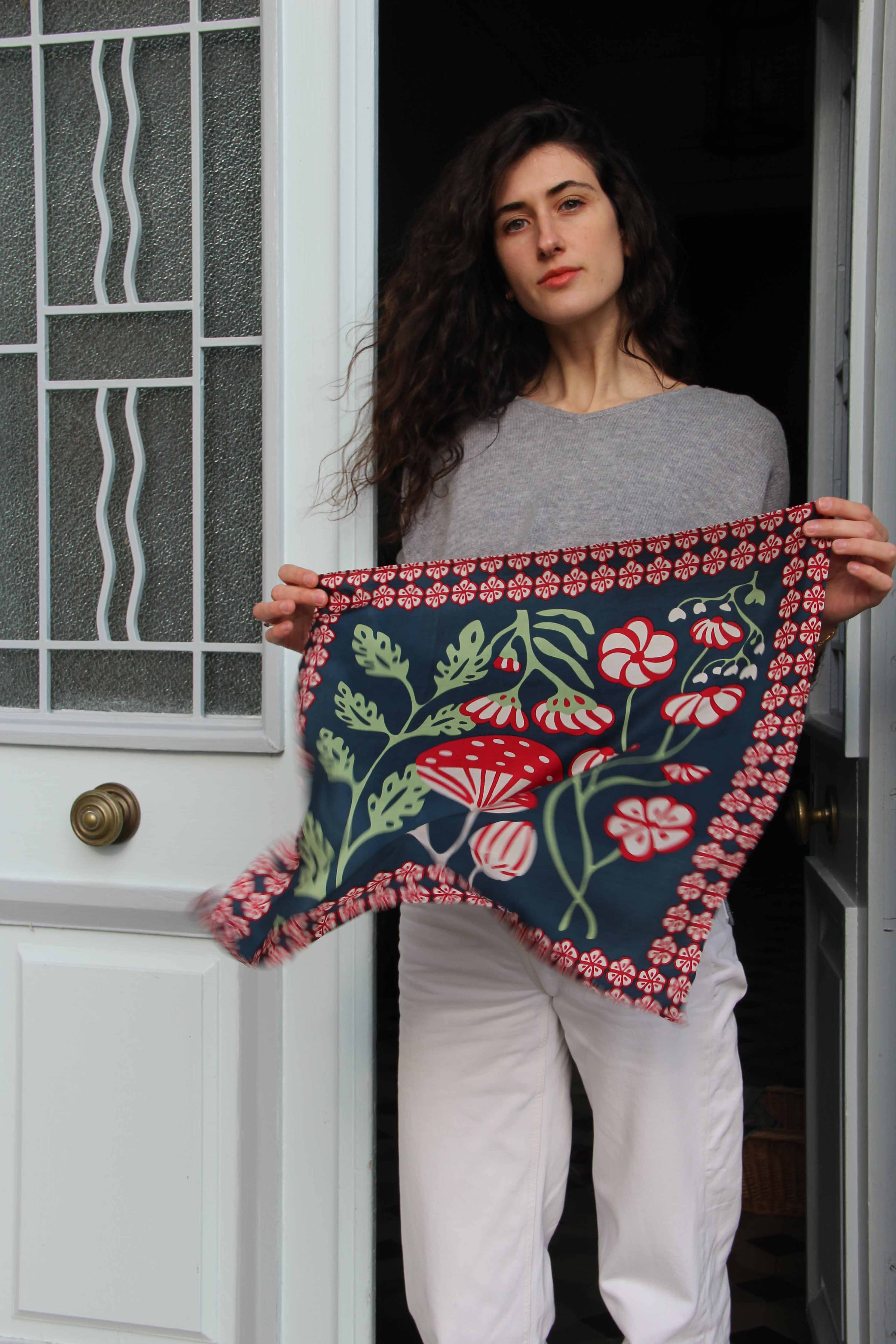 Mini Alice Silk Scarf by Les Belles Vagabondes | Marine Navy | Hand-Drawn in France