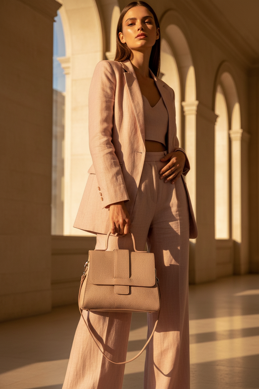 Glamorous lady in linen holding soft pink Agata bag