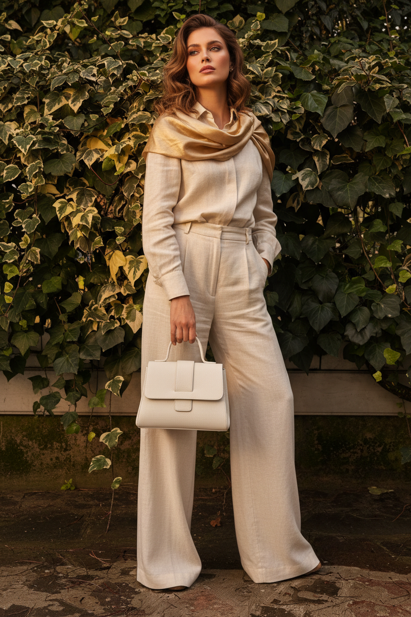 Glamorous lady in linen holding white Agata bag