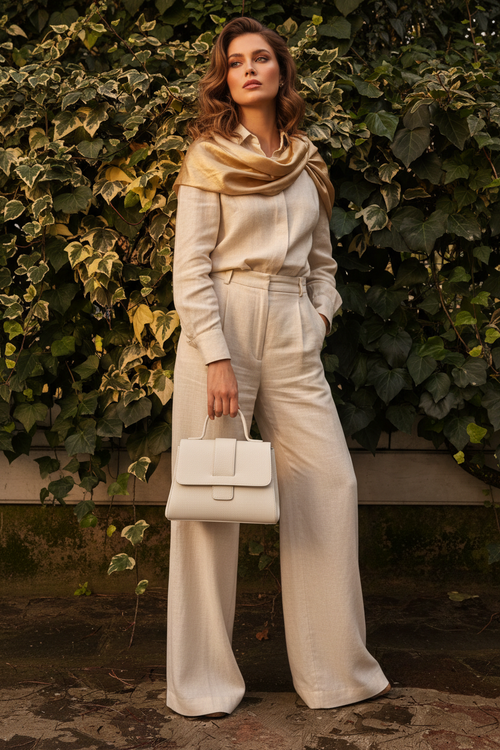 Glamorous lady in linen holding white Agata bag